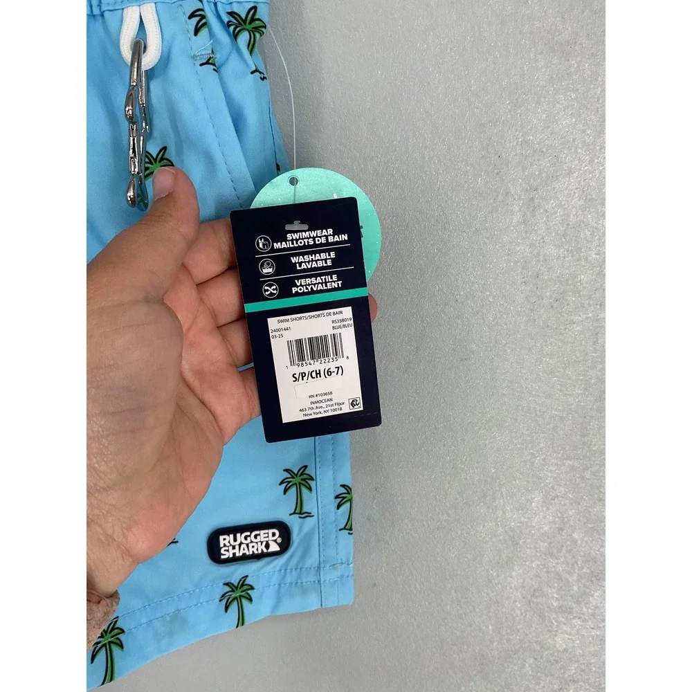 Rugged Shark Boys Swim Shorts Blue Palm Tree UPF 50+ Recycled S 6-7